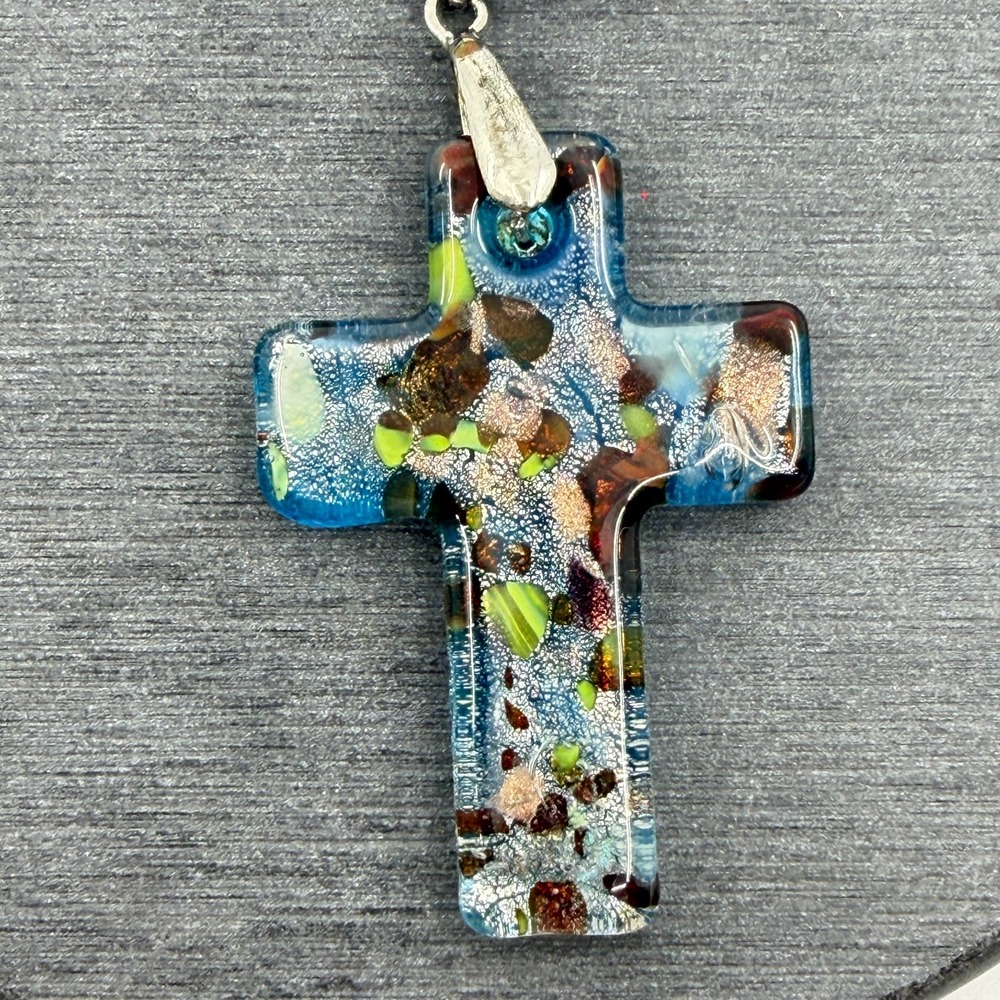 Blue Multicolor Fused Glass Cross Pendant Necklace Ribbon Cord Christian Gift